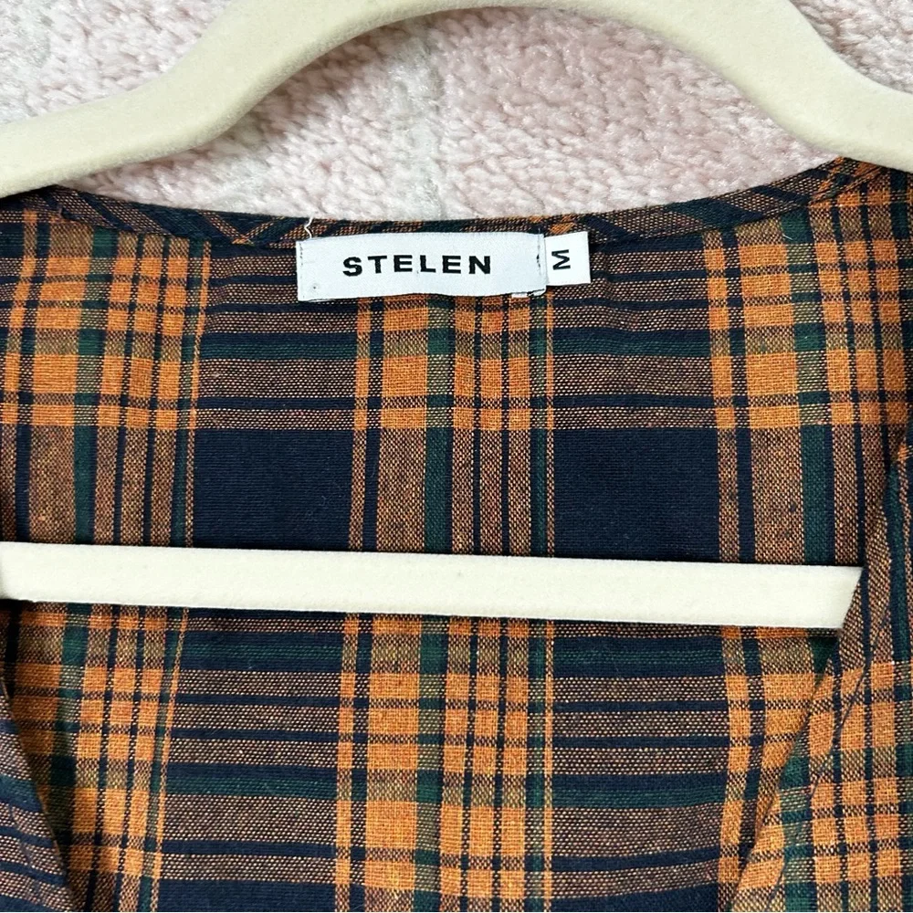 Stelen Cotton Plaid Wrap Dress Orange Navy Green Fall Plaid Size Med Ruffle Hem - Picture 3 of 9